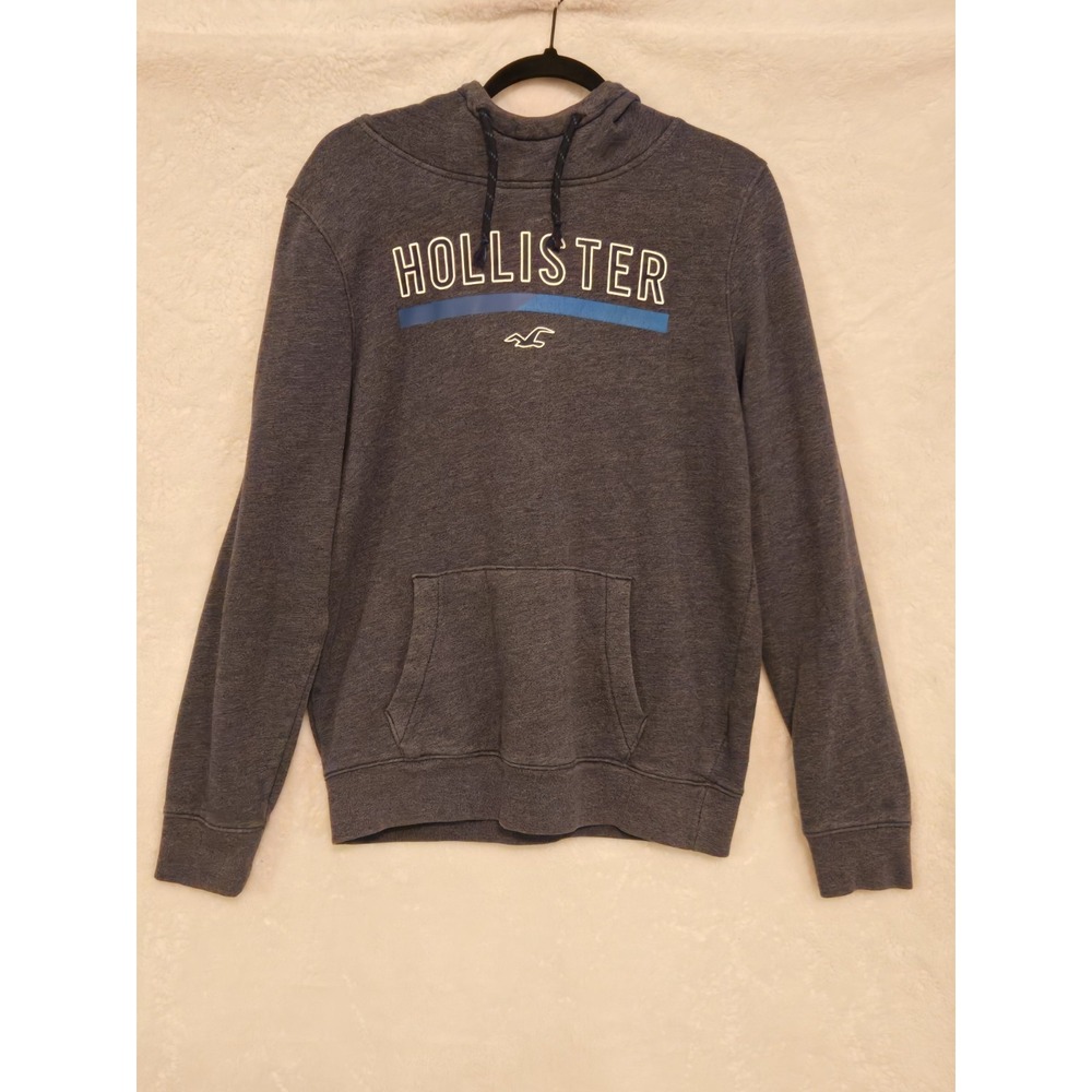Hollister Men's Medium Gray Hooded Swestshirt‎ Logo On Front Light Blue Stripe
